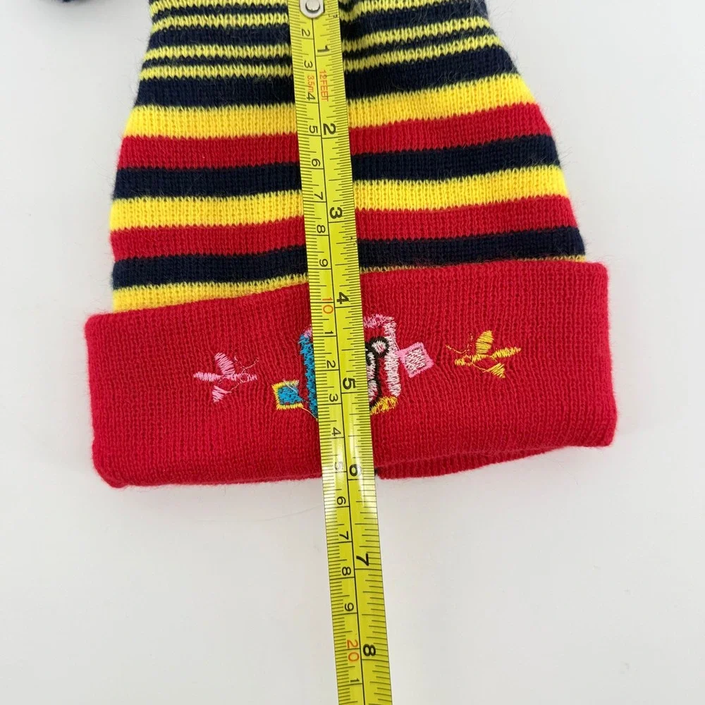 Winnie Pooh Infant Striped‎ Knit Beanie Hat Pom Poms Embroidery Red Navy Yellow